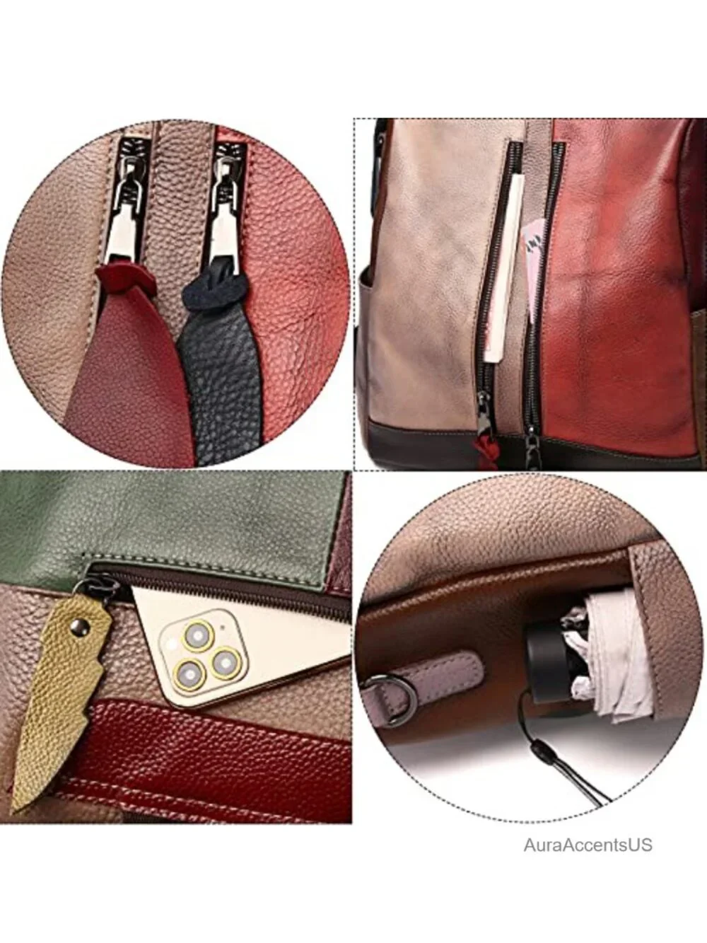 Genuine Leather Convertible Backpack Shoulder Bag Patchwork Satchel